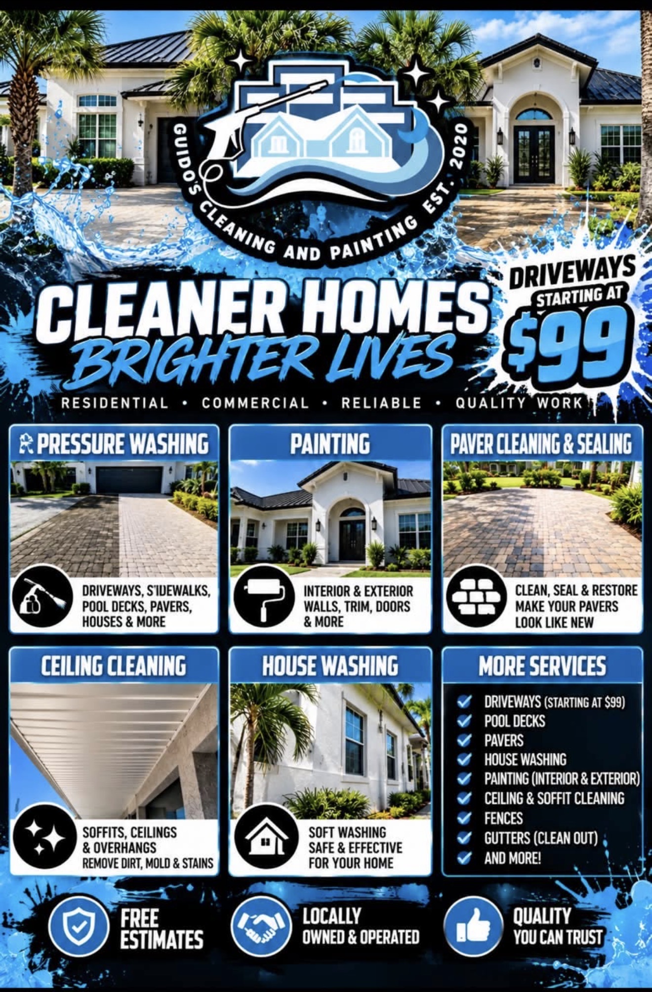 Guido’s Cleaning and Painting flyer. Driveway cleaning starting at $99. Pressure washing, interior and exterior painting, paver cleaning and sealing, ceiling cleaning, house washing, fences and gutter cleanouts. Free estimates. Locally owned and operated.